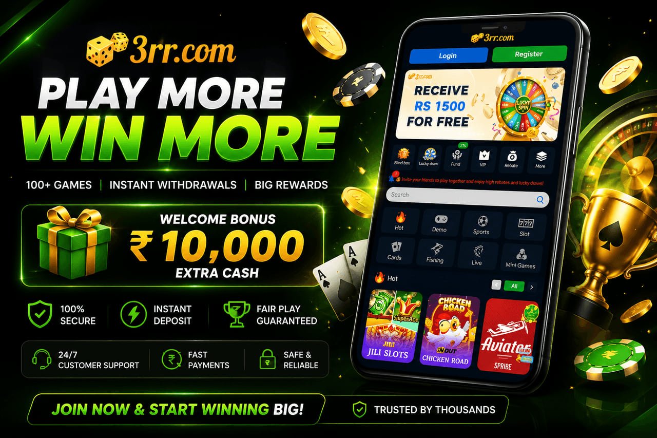 3RR Game promotional banner: play more win more, ₹10,000 welcome bonus extra cash, 100+ games, instant deposit and 24/7 customer support, shown beside the 3rr.com app on a smartphone