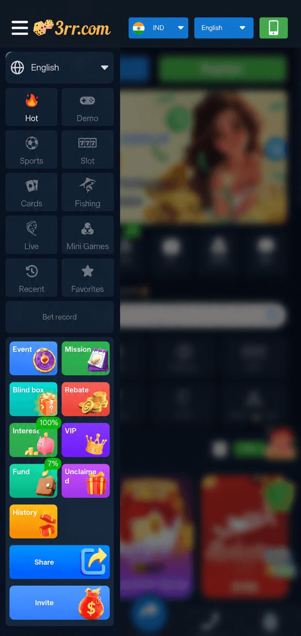 3RR Game app category menu listing Hot, Demo, Sports, Slot, Cards, Fishing, Live and Mini Games