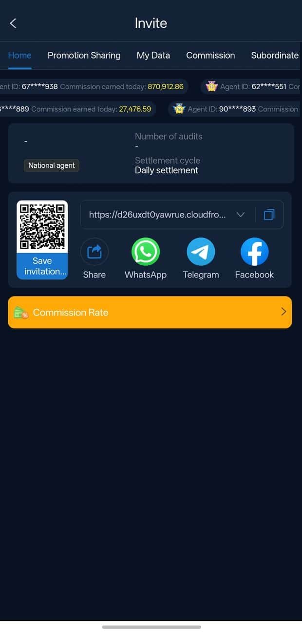 Invite and agent panel in the 3rr app with a referral QR code, share links and commission rate