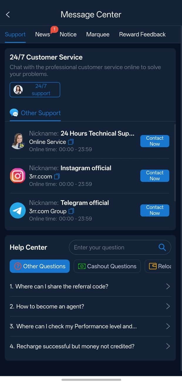 Message centre of the 3rr latest app showing 24/7 customer service, official channels and the help centre